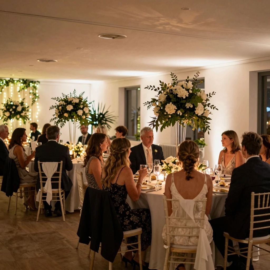 Romantic wedding reception with ambient lighting